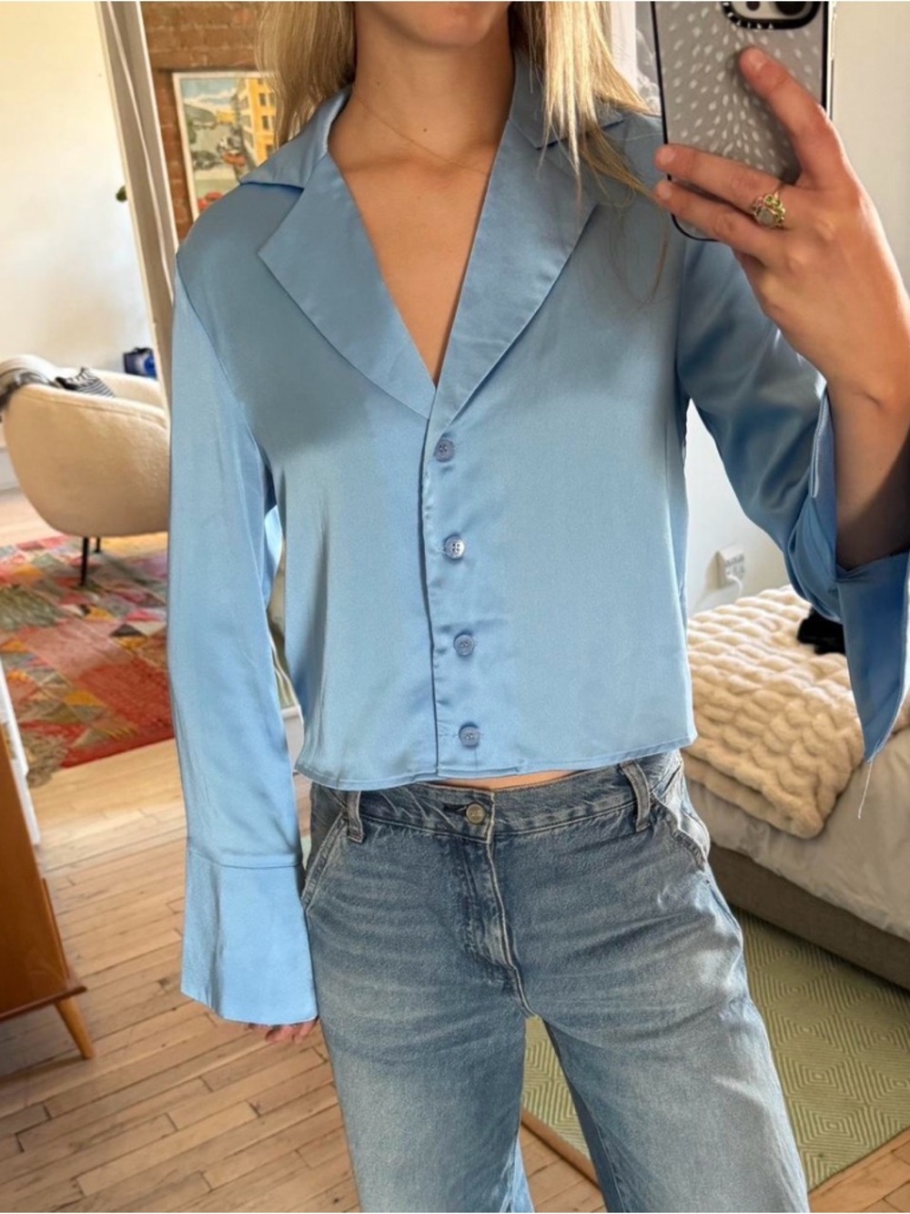 Finders Keepers Light Blue Satin Button-Down Blouse